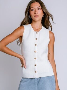 Cream Knit Shell Vest Cardigan with Gold Buttons - women’s M